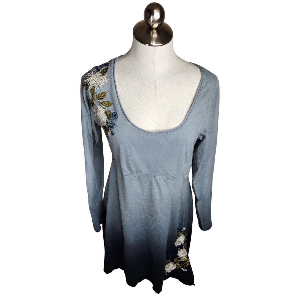 JW Los Angeles Johnny Was Tunic Dress Women L Blue Ombre Embroidered Floral